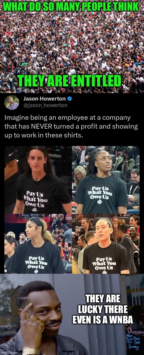 You get paid what you are worth. | WHAT DO SO MANY PEOPLE THINK; THEY ARE ENTITLED; THEY ARE LUCKY THERE EVEN IS A WNBA | image tagged in crowd of people,roll safe think about it,wnba,entitled | made w/ Imgflip meme maker