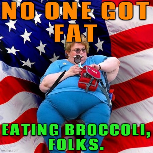 No one got fat eating broccoli, folks. | NO ONE GOT
FAT; EATING BROCCOLI,
FOLKS. | image tagged in obese conservative american woman,obesity,overweight,food memes,junk food,eating healthy | made w/ Imgflip meme maker