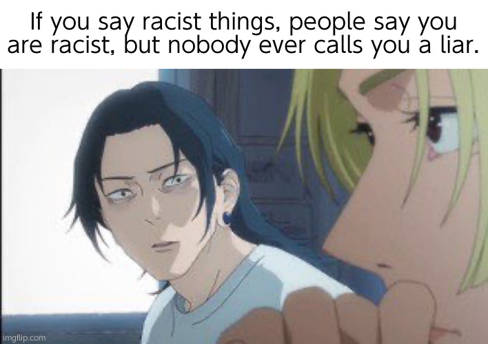 I'm joking gng | If you say racist things, people say you are racist, but nobody ever calls you a liar. | image tagged in huh | made w/ Imgflip meme maker