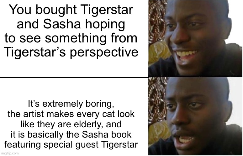 Disappointed Black Guy | You bought Tigerstar and Sasha hoping to see something from Tigerstar’s perspective; It’s extremely boring, the artist makes every cat look like they are elderly, and it is basically the Sasha book featuring special guest Tigerstar | image tagged in disappointed black guy | made w/ Imgflip meme maker