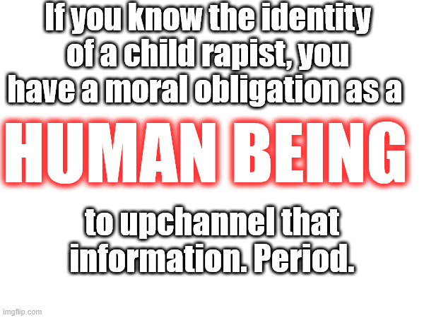 This is not about politics | If you know the identity of a child rapist, you have a moral obligation as a; HUMAN BEING; to upchannel that information. Period. | image tagged in donald trump,trump,president trump,jeffrey epstein,epstein | made w/ Imgflip meme maker