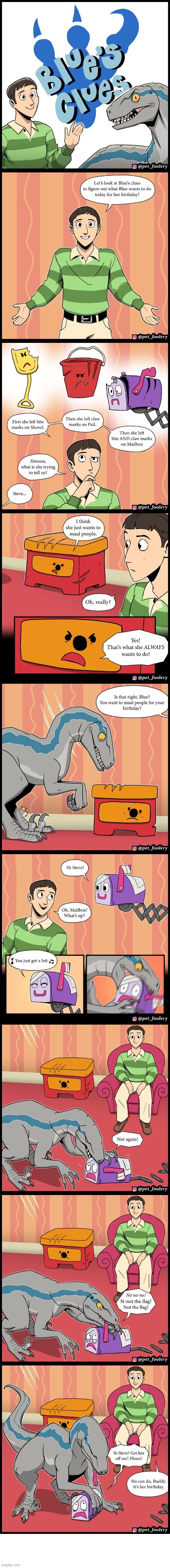 image tagged in blue's clues,jurassic world,dinosaur,blue,birthday,mailbox | made w/ Imgflip meme maker