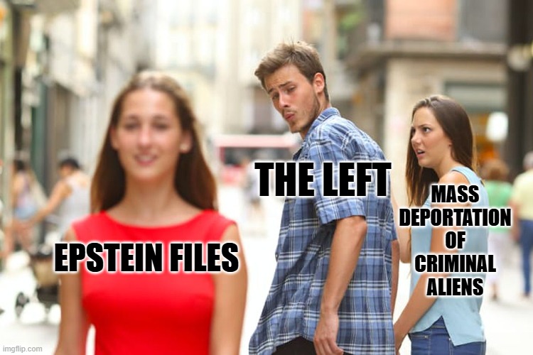 The master of distraction did it again. | MASS DEPORTATION OF CRIMINAL ALIENS; THE LEFT; EPSTEIN FILES | image tagged in memes,distracted boyfriend | made w/ Imgflip meme maker