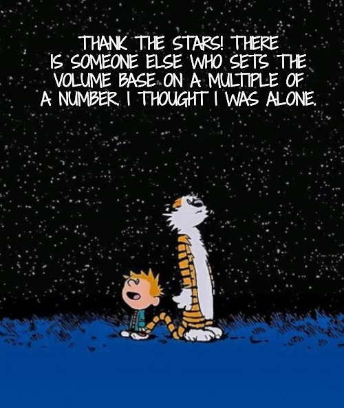 Big idea | THANK THE STARS! THERE IS SOMEONE ELSE WHO SETS THE VOLUME BASE ON A MULTIPLE OF A NUMBER. I THOUGHT I WAS ALONE. | image tagged in big idea | made w/ Imgflip meme maker