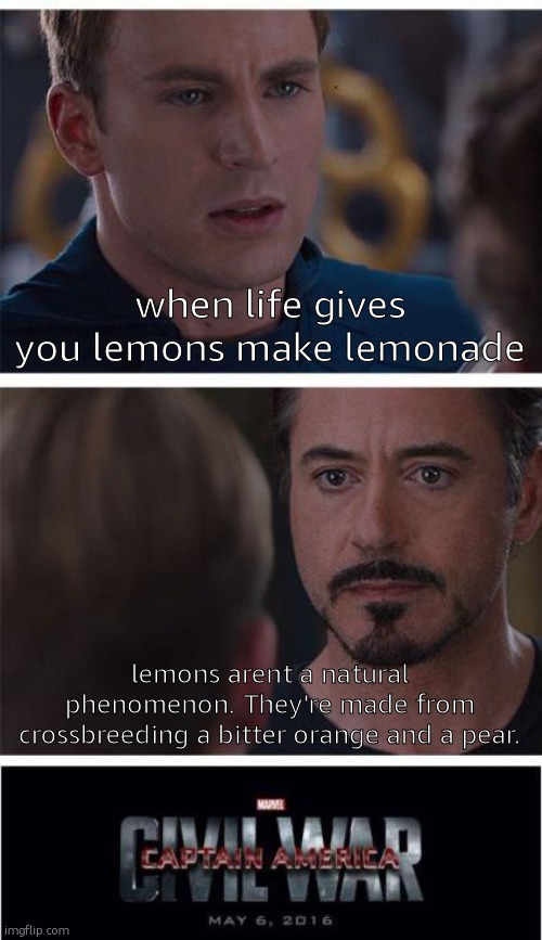 Marvel Civil War 1 | when life gives you lemons make lemonade; lemons arent a natural phenomenon. They're made from crossbreeding a bitter orange and a pear. | image tagged in memes,marvel civil war 1 | made w/ Imgflip meme maker