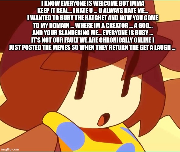 angy | I KNOW EVERYONE IS WELCOME BUT IMMA KEEP IT REAL... I HATE U ... U ALWAYS HATE ME... I WANTED TO BURY THE HATCHET AND NOW YOU COME TO MY DOM | image tagged in angy | made w/ Imgflip meme maker