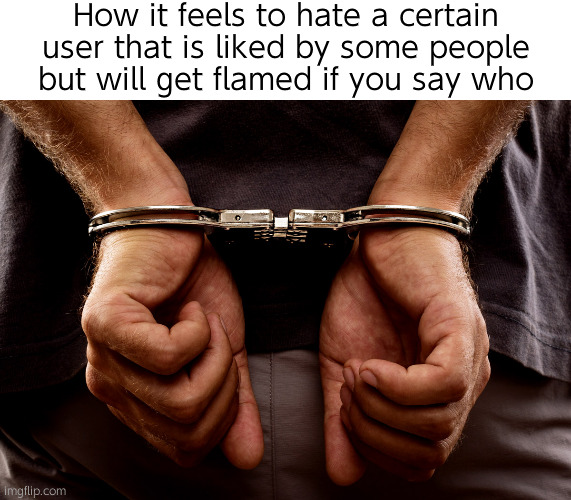 Handcuffs | How it feels to hate a certain user that is liked by some people but will get flamed if you say who | image tagged in handcuffs | made w/ Imgflip meme maker