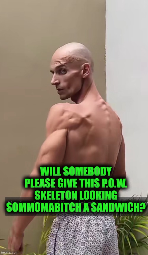 Funny | WILL SOMEBODY PLEASE GIVE THIS P.O.W. SKELETON LOOKING SOMMOMABITCH A SANDWICH? | image tagged in funny,skeleton,hungry,skinny,sandwich,food | made w/ Imgflip meme maker