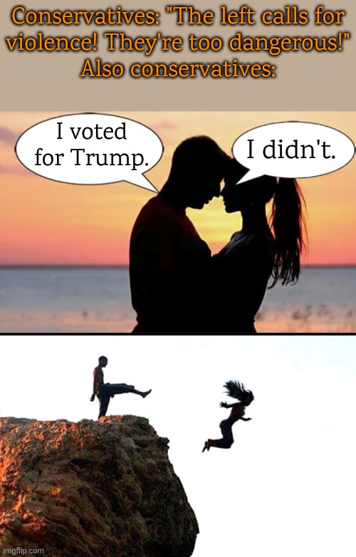 Link in comment. | Conservatives: "The left calls for
violence! They're too dangerous!"
Also conservatives:; I voted for Trump. I didn't. | image tagged in man kicks girlfriend off cliff,double standard,cognitive dissonance,gop,threats,hypocritical | made w/ Imgflip meme maker