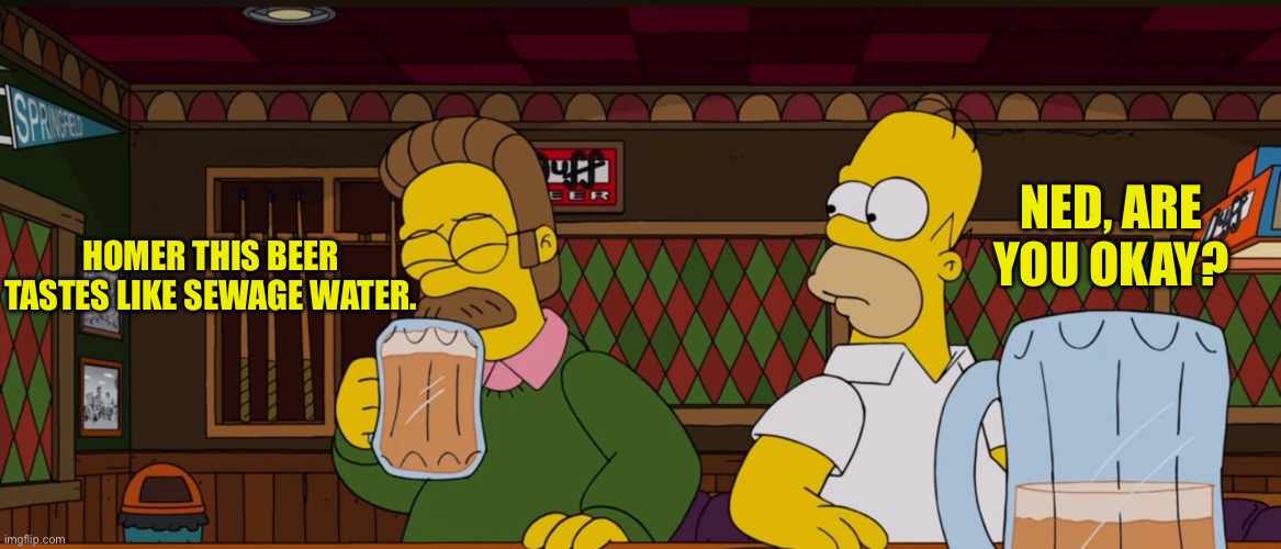 Ned, are you okay? | NED, ARE YOU OKAY? HOMER THIS BEER TASTES LIKE SEWAGE WATER. | image tagged in the simpsons | made w/ Imgflip meme maker