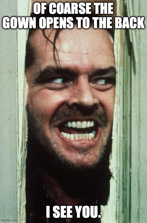 Here's Johnny | OF COARSE THE GOWN OPENS TO THE BACK; I SEE YOU. | image tagged in memes,here's johnny | made w/ Imgflip meme maker