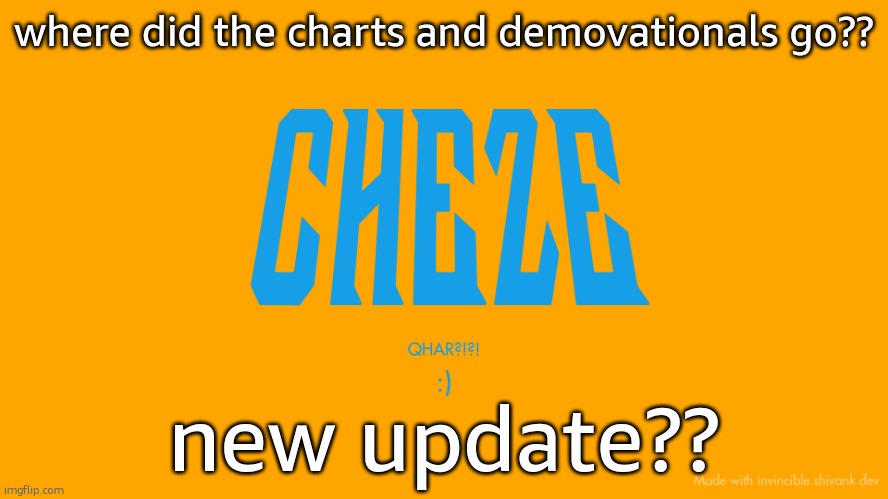theyre probably only for pro users now | where did the charts and demovationals go?? new update?? | image tagged in cheze titlecard | made w/ Imgflip meme maker