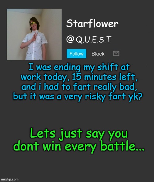 fs in the chat | I was ending my shift at work today, 15 minutes left, and i had to fart really bad, but it was a very risky fart yk? Lets just say you dont win every battle... | image tagged in starflower quest template | made w/ Imgflip meme maker