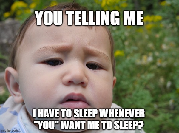 Sleep | YOU TELLING ME; I HAVE TO SLEEP WHENEVER "YOU" WANT ME TO SLEEP? | image tagged in memes,fun,funny,first world problems,skeptical baby | made w/ Imgflip meme maker