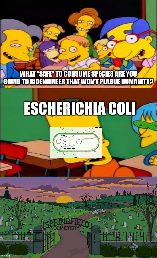 Class: “What ‘safe’ to consume species are you going to bioengineer that won&#39;t plague humanity?” European bioengineers: “Escherichia coli” Springfield Cemetery on last panel.