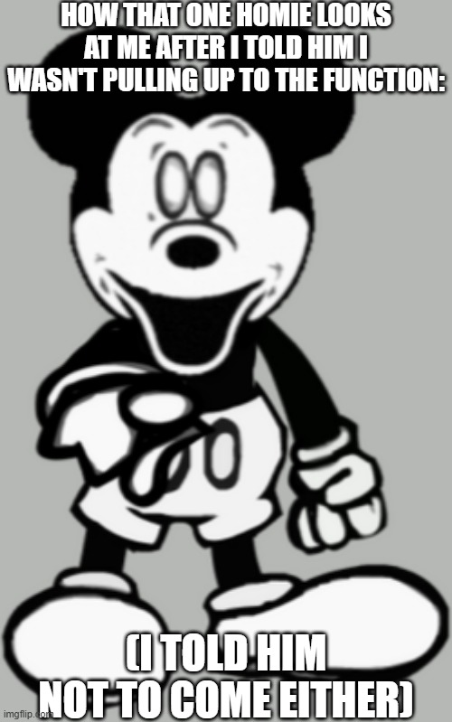 I swear I got lost gng | HOW THAT ONE HOMIE LOOKS AT ME AFTER I TOLD HIM I WASN'T PULLING UP TO THE FUNCTION:; (I TOLD HIM NOT TO COME EITHER) | image tagged in mickey pointing and laughing,funny,fun,relatale,goofy,true | made w/ Imgflip meme maker