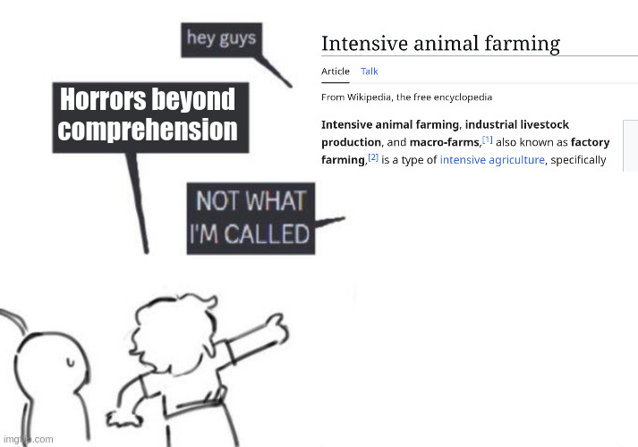 Horros beyond comprehension in factory farming | Horrors beyond comprehension | image tagged in hey guys - not what i'm called,horrible,farming,cruel,industrial,animal rights | made w/ Imgflip meme maker