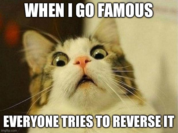 Scared Cat | WHEN I GO FAMOUS; EVERYONE TRIES TO REVERSE IT | image tagged in memes,scared cat | made w/ Imgflip meme maker