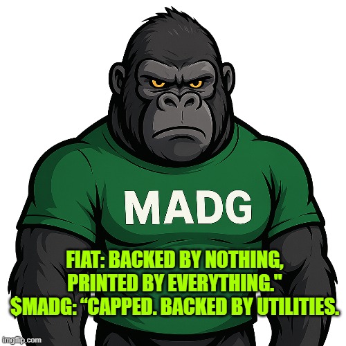 Mad Gorilla Coin Cryptocurency $MADG | FIAT: BACKED BY NOTHING, PRINTED BY EVERYTHING."
$MADG: “CAPPED. BACKED BY UTILITIES. | image tagged in cryptocurrency,original meme | made w/ Imgflip meme maker