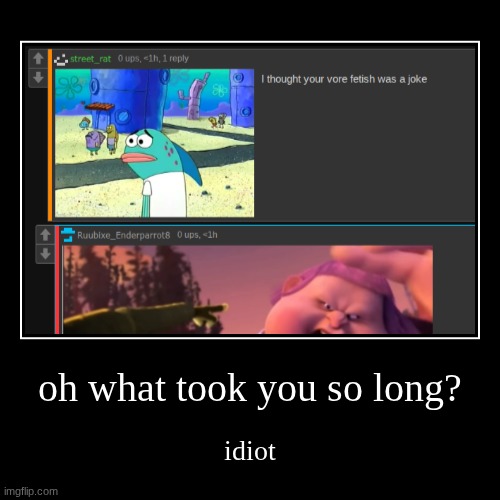 oh what took you so long? | idiot | image tagged in funny,demotivationals | made w/ Imgflip demotivational maker