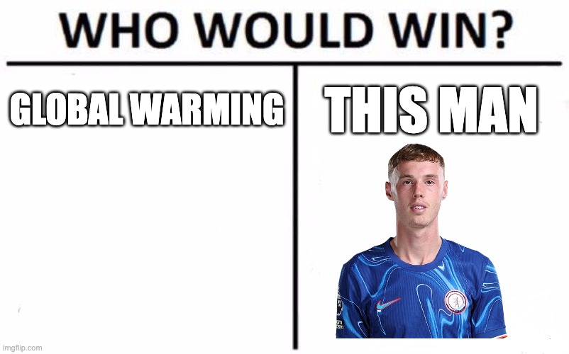 Whoever said global warming is a problem clearly doesn't know Cole Palmer | GLOBAL WARMING; THIS MAN | image tagged in memes,who would win,cold,global warming,football,chelsea | made w/ Imgflip meme maker
