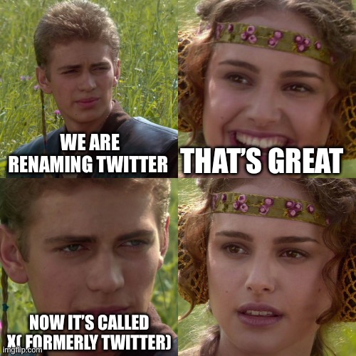 Twitter rename | WE ARE RENAMING TWITTER; THAT’S GREAT; NOW IT’S CALLED X( FORMERLY TWITTER) | image tagged in anakin padme 4 panel | made w/ Imgflip meme maker