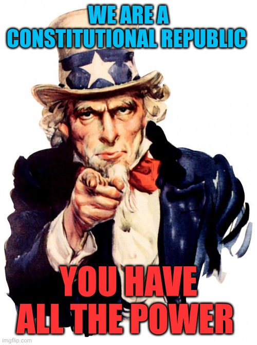 The United States of America is not a democracy | WE ARE A CONSTITUTIONAL REPUBLIC; YOU HAVE ALL THE POWER | image tagged in memes,uncle sam,civics,history | made w/ Imgflip meme maker