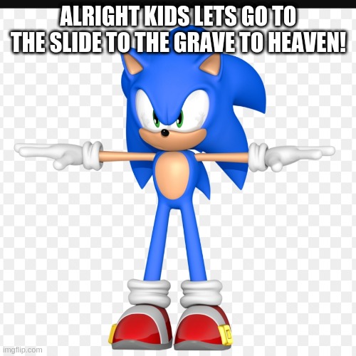 T pose sonic | ALRIGHT KIDS LETS GO TO THE SLIDE TO THE GRAVE TO HEAVEN! | image tagged in t pose sonic | made w/ Imgflip meme maker