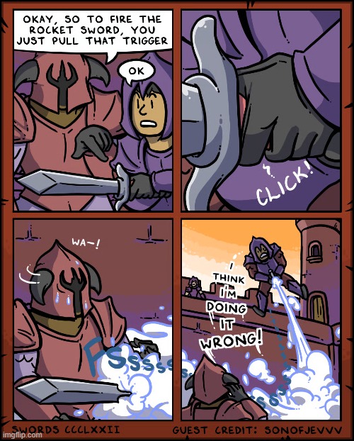 image tagged in sword,rocket,trigger,pull,launch,oops | made w/ Imgflip meme maker