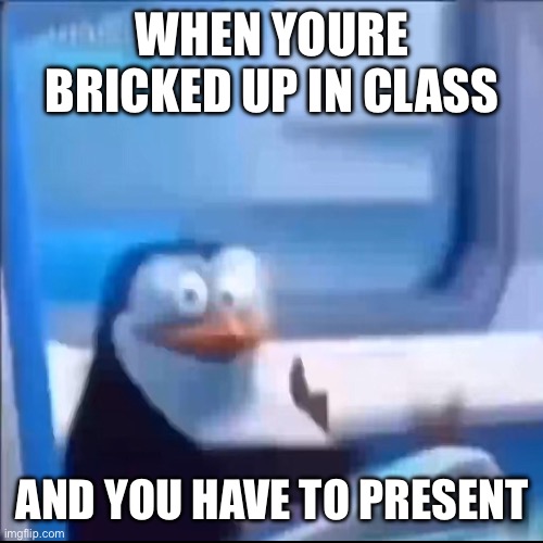 rico memes | WHEN YOURE BRICKED UP IN CLASS; AND YOU HAVE TO PRESENT | image tagged in pinguins,rico,relatable | made w/ Imgflip meme maker