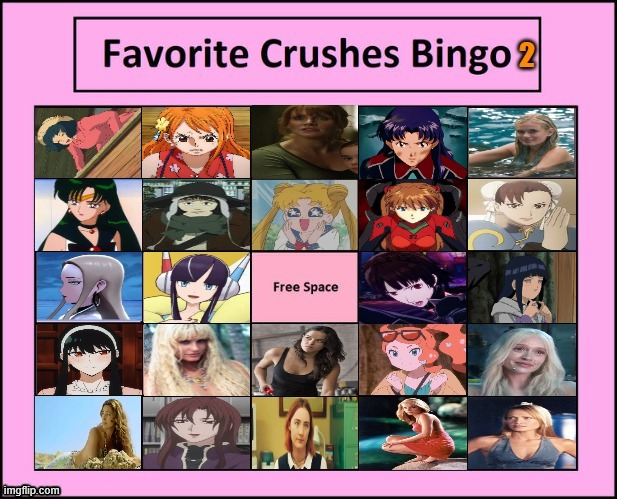 favorite crushes bingo 2 | image tagged in favorite crushes bingo 2,anime,movies,video games,live action,classics | made w/ Imgflip meme maker