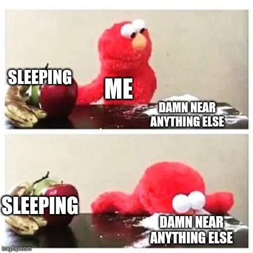 Me even bored: | SLEEPING; ME; DAMN NEAR ANYTHING ELSE; SLEEPING; DAMN NEAR ANYTHING ELSE | image tagged in elmo cocaine | made w/ Imgflip meme maker
