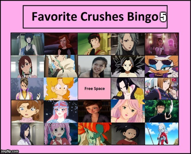 favorite crushes bingo 5 | image tagged in crushes bingo 5,anime,movies,videogames,dragon ball z,crushes | made w/ Imgflip meme maker