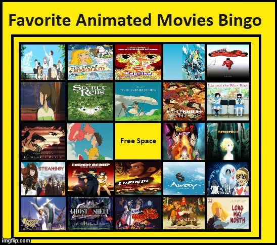 favorite animated movies bingo 1 | image tagged in favorite animated movies bingo 1,absolute cinema,classic movies,studio ghibli,animation is cinema,theaters | made w/ Imgflip meme maker