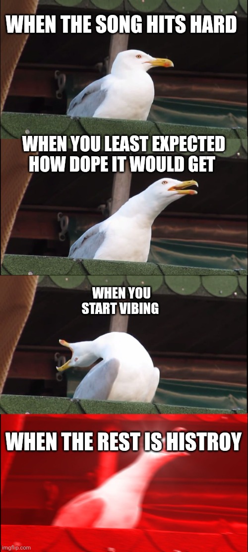 Inhaling Seagull | WHEN THE SONG HITS HARD; WHEN YOU LEAST EXPECTED HOW DOPE IT WOULD GET; WHEN YOU START VIBING; WHEN THE REST IS HISTROY | image tagged in memes,inhaling seagull | made w/ Imgflip meme maker