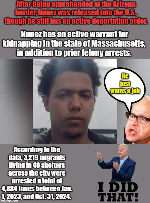 Shot a cop in the Face | After being apprehended at the Arizona border, Nunez was released into the U.S., though he still has an active deportation order. Nunez has an active warrant for kidnapping in the state of Massachusetts, in addition to prior felony arrests. He just wants a job; According to the data, 3,219 migrants living in 48 shelters across the city were arrested a total of 4,884 times between Jan. 1, 2023, and Oct. 31, 2024. | made w/ Imgflip meme maker
