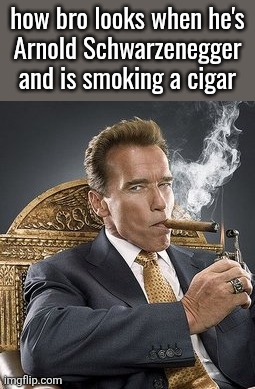 Arnold schwarzenegger | how bro looks when he's
Arnold Schwarzenegger
and is smoking a cigar | image tagged in arnold schwarzenegger | made w/ Imgflip meme maker