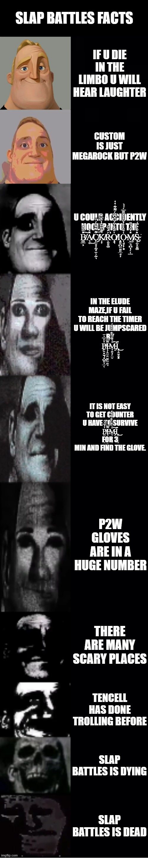 Uncanny slap battles Facts | SLAP BATTLES FACTS; IF U DIE IN THE LIMBO U WILL HEAR LAUGHTER; CUSTOM IS JUST MEGAROCK BUT P2W; U COULD ACCIDENTLY NOCLIP INTO THE B̸͚͇͕̽̄̉̔͠A̸̖̥̽́͜Ç̸̡̳̥̝̰̞̮̹̰̖͋͋̐̉́̚͝Ḳ̸̦̉͂̀̆̆̾̀̓̿̎Ṛ̴͍̥͚́̂̀̈́̕Ǫ̸͉̍̋̃̽̍̈́̈̓͆̄̈́͌͋̉̔Ι̧̭̻̪̯͍̻̲̘̦O̴̩̘͎̗͈͑̌̆͐̊̓̆̓̒͐͂͂̿́̉̀͘M̸̨̮̲͉̪͎̗̜͇̎̒̈́͗̏S̴̡̞̯͙̻͚̎̓́͐̋͑͘; IN THE ELUDE MAZE,IF U FAIL TO REACH THE TIMER U WILL BE JUMPSCARED BY P̸͖̭͙̫͉͙̺͍͎̲̜̓̾̿̉̃Į̶̜̳̳̭̮͖̳̯͉͌̿M̵̡̦̯͕̗̠̬͐̀͋̄̀͋̀́̒́̇̕͝͠͠Ι̧̨̭̣̭̻̥͓͜; IT IS NOT EASY TO GET COUNTER U HAVE TO SURVIVE P̸͖̭͙̫͉͙̺͍͎̲̜̓̾̿̉̃Į̶̜̳̳̭̮͖̳̯͉͌̿M̵̡̦̯͕̗̠̬͐̀͋̄̀͋̀́̒́̇̕͝͠͠Ι̧̨̭̣̭̻̥͓͜ FOR 3 MIN AND FIND THE GLOVE. P2W GLOVES ARE IN A HUGE NUMBER; THERE ARE MANY SCARY PLACES; TENCELL HAS DONE TROLLING BEFORE; SLAP BATTLES IS DYING; SLAP BATTLES IS DEAD | image tagged in mr incredible becoming uncanny | made w/ Imgflip meme maker