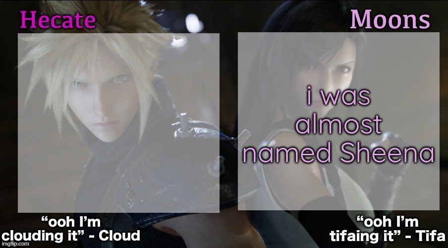 rando | i was almost named Sheena | image tagged in hecate and moons shared ff7 template | made w/ Imgflip meme maker