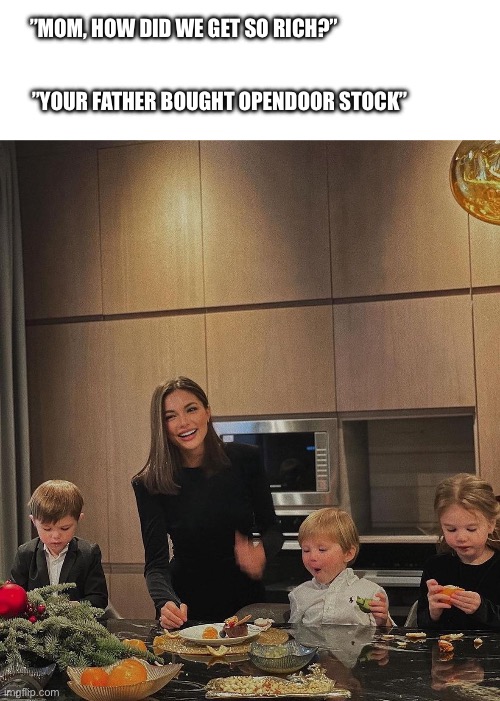 Mom why are we so rich | ”MOM, HOW DID WE GET SO RICH?”; ”YOUR FATHER BOUGHT OPENDOOR STOCK” | image tagged in mom why are we so rich | made w/ Imgflip meme maker
