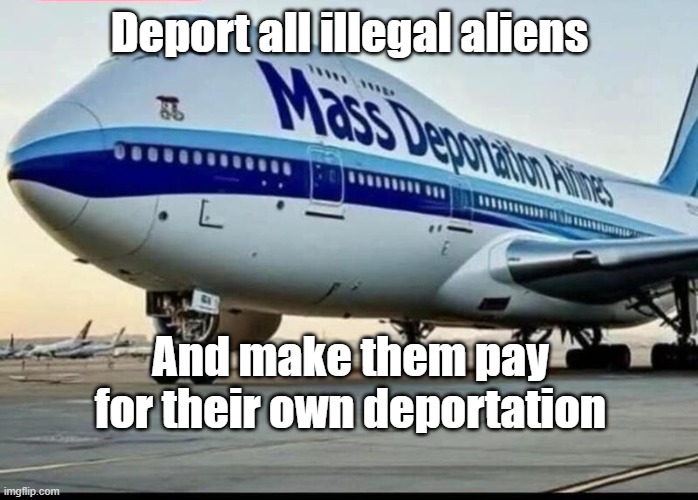 Make them pay | Deport all illegal aliens; And make them pay for their own deportation | image tagged in mass deportation airlines,deportation,illegal aliens | made w/ Imgflip meme maker