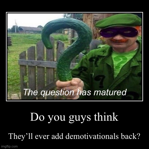 I don’t see it happening | Do you guys think | They’ll ever add demotivationals back? | image tagged in funny,demotivationals | made w/ Imgflip demotivational maker