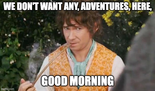 Fail to See Relevance Bilbo | WE DON'T WANT ANY, ADVENTURES, HERE, GOOD MORNING | image tagged in fail to see relevance bilbo | made w/ Imgflip meme maker