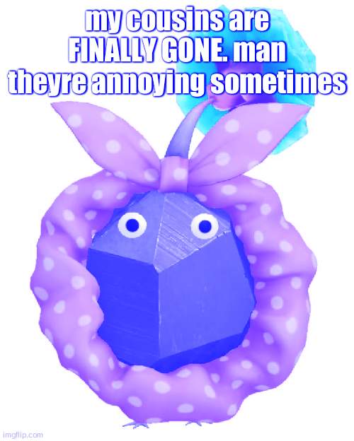 Scrunchie rock pikmin | my cousins are FINALLY GONE. man theyre annoying sometimes | image tagged in scrunchie rock pikmin | made w/ Imgflip meme maker