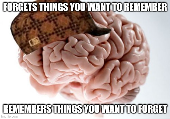 This had been used before but idc | FORGETS THINGS YOU WANT TO REMEMBER; REMEMBERS THINGS YOU WANT TO FORGET | image tagged in memes,scumbag brain,relatable,relatable memes,brain,if you read this tag you are cursed | made w/ Imgflip meme maker