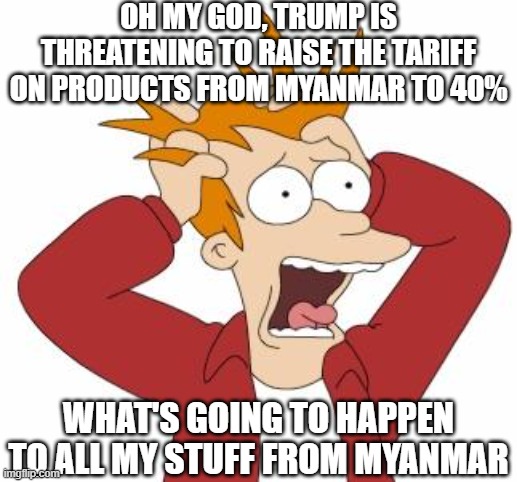 Fry Freaking Out | OH MY GOD, TRUMP IS THREATENING TO RAISE THE TARIFF ON PRODUCTS FROM MYANMAR TO 40%; WHAT'S GOING TO HAPPEN TO ALL MY STUFF FROM MYANMAR | image tagged in fry freaking out | made w/ Imgflip meme maker