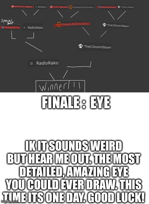 FINALE / gotta get on drawing that trophy i promised. | FINALE :  EYE; IK IT SOUNDS WEIRD BUT HEAR ME OUT. THE MOST DETAILED, AMAZING EYE YOU COULD EVER DRAW. THIS TIME ITS ONE DAY. GOOD LUCK! | image tagged in blank white template,finale,drawing compitition,good luck | made w/ Imgflip meme maker