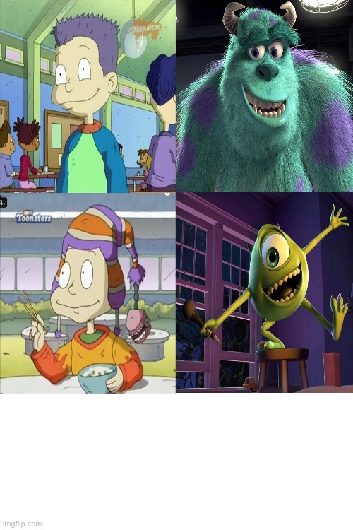 Tommy Pickles as Sulley and Dil Pickles as Mike Wazowski | image tagged in monsters inc,rugrats,all grown up,crossover,disney,nickelodeon | made w/ Imgflip meme maker