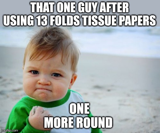 you know it | THAT ONE GUY AFTER USING 13 FOLDS TISSUE PAPERS; ONE MORE ROUND | image tagged in memes,success kid original | made w/ Imgflip meme maker