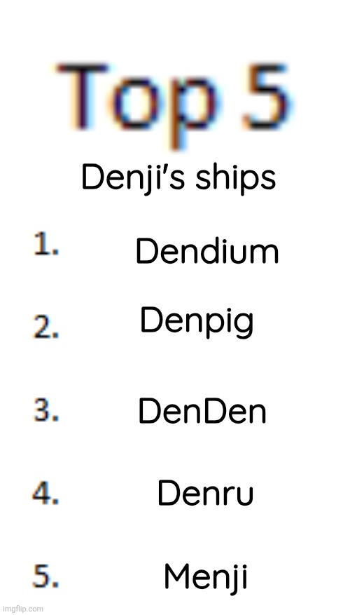 Top 5 List | Denji's ships; Dendium; Denpig; DenDen; Denru; Menji | image tagged in top 5 list | made w/ Imgflip meme maker